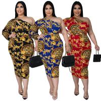 Polyester Plus Size & High Waist One-piece Dress & hollow & One Shoulder printed PC