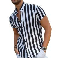 Polyester Men Short Sleeve Casual Shirt & loose striped black PC