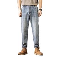 Cotton Nine Point Pants & Plus Size & Middle Waist Men Jeans & loose Solid blue PC