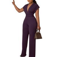 Polyester High Waist Long Jumpsuit deep V Solid PC