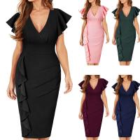 Polyester stringy selvedge & scallop & High Waist Sexy Package Hip Dresses deep V patchwork Solid PC