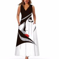 Polyester Plus Size One-piece Dress large hem design & deep V & loose printed PC