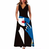 Polyester Plus Size One-piece Dress large hem design & deep V & loose printed PC