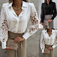 Polyester Women Long Sleeve Shirt & loose Lace patchwork Solid white and black PC