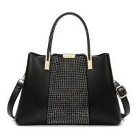 PU Leather Tote Bag Handbag large capacity & attached with hanging strap & with rhinestone black PC