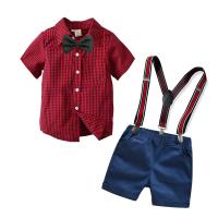 Cotton Boy Summer Clothing Set Necktie & strap & Pants & top printed plaid red and blue Set