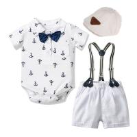 Cotton Boy Clothing Set Hat & suspender pant & teddy printed Set