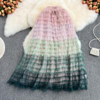 Polyester scallop & A-line & High Waist Skirt mid-long style patchwork : PC