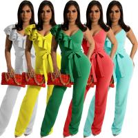 Polyester scallop & Plus Size & High Waist Long Jumpsuit & with belt Solid PC