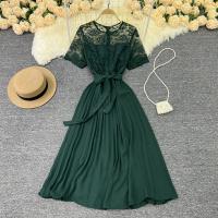 Polyester long style & A-line & High Waist One-piece Dress large hem design & hollow patchwork Solid : PC