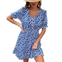 Polyester Slim One-piece Dress printed shivering blue PC