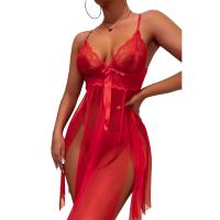 Polyester Sexy Bra Set two piece Sexy T-back & Slip Dress Solid red : Set