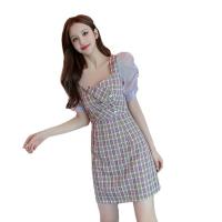 Polyester Waist-controlled & Slim & High Waist One-piece Dress plaid multi-colored PC