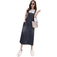 Denim long style & Plus Size Suspender Skirt patchwork Solid blue PC