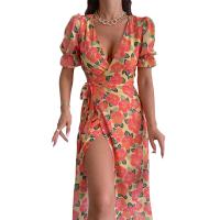 Polyester Slim & front slit One-piece Dress deep V & backless & off shoulder printed floral PC
