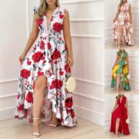 Polyester High Waist One-piece Dress large hem design & deep V printed PC