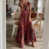 Women's Summer Boho Floral Print Dress V-Neck Empire Waist Slim One-piece Dress printed shivering wine red