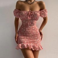 Cotton Slim & High Waist Boat Neck One-piece Dress pink PC