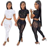 Polyester Ripped Women Casual Set see through look & flexible & two piece Long Trousers & top patchwork Solid white and black Set