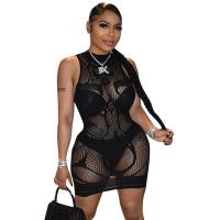 Polyester Sexy Package Robes hip Patchwork Solide Noir : pièce