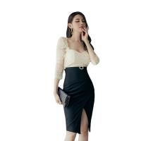 Polyester Slim & front slit Sexy Package Hip Dresses patchwork Solid two different colored PC