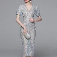 Polyester Waist-controlled Long Evening Dress embroidered floral PC