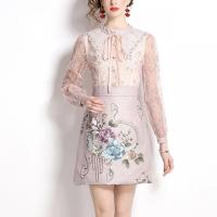 Polyester Waist-controlled One-piece Dress embroidered floral Apricot PC