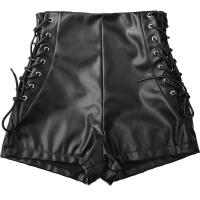 PU Leather High Waist Shorts flexible & skinny patchwork Solid black PC