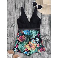 Polyester One-piece Swimsuit backless & padded printed floral black PC