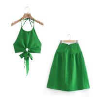 Polyester Two-Piece Dress Set backless patchwork Solid green Set