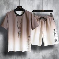 Polyester Men Casual Set & two piece & loose short & top Tie-dye Solid Set