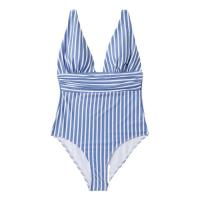 Polyester One-piece Swimsuit backless & padded printed striped blue PC