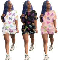 Polyester Women Casual Set & two piece short pants & top printed letter Set