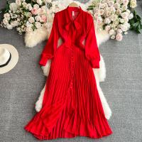 Polyester Waist-controlled & front slit One-piece Dress Solid red : PC