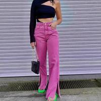 Polyester High Waist Women Long Trousers side slit Solid fuchsia PC