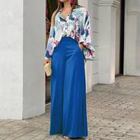 Polyester Wide Leg Trousers Women Casual Set & two piece & loose Long Trousers & top printed Set