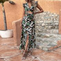 Polyester Slim Two-Piece Dress Set printed floral green Set