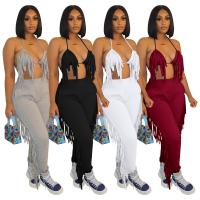 Polyester Tassels Nightclub Set deep V & backless & two piece Pants & top patchwork Solid Set