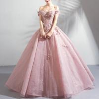 Polyester Off Shoulder & Plus Size & High Waist Long Evening Dress large hem design plain dyed Solid pink PC