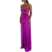 Polyester open-chest & Crop Top Lady Sexy Suit backless & two piece & off shoulder Wide Leg Trousers & bandeau bra patchwork Solid Set