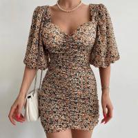 Polyester Waist-controlled Sexy Package Hip Dresses printed shivering yellow PC