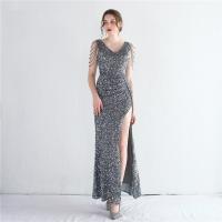 Sequin & Polyester Waist-controlled Long Evening Dress side slit patchwork Solid PC