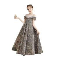 Polyester Princess & High Waist Girl One-piece Dress Sequin plain dyed Solid brown PC