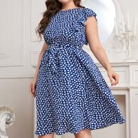 Polyester Waist-controlled & Plus Size One-piece Dress large hem design printed blue PC