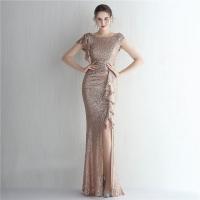 Sequin & Polyester Waist-controlled Long Evening Dress side slit & backless patchwork Solid PC