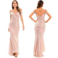 Sequin & Polyester Slim Long Evening Dress deep V & backless patchwork Solid pink PC