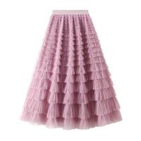 Polyester Layered & A-line Skirt mid-long style plain dyed Solid : PC