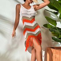 Polyester Tassels Beach Dress deep V & hollow knitted Solid white PC