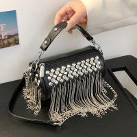 PU Leather Tassels Handbag attached with hanging strap & with rhinestone Solid black PC