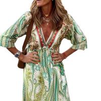 Polyester One-piece Dress deep V printed green PC